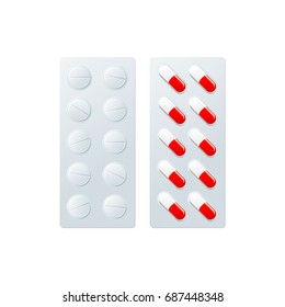 Vector blister with pills, capsules flat . Illustration isolated on a white background. Cold and flu treatment concept, medicine and drugs. Cartoon illness therapy tools