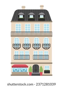 Vector block of flats icon. Paris traditional house illustration. Historical French building picture with cafe isolated on white background
