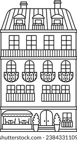 Vector block of flats line icon. Paris traditional house illustration or coloring page. Black and white historical French building picture with cafe isolated on white background
