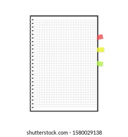 Vector block note with transparent bookmarks set. Illustration of empty lined notebook isolated on white. Blank notepaper can be used as a mock up, background or template. Eps 10.