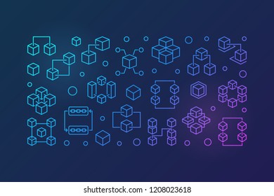 Vector Blockchain bright horizontal illustration or banner in thin line style on dark background