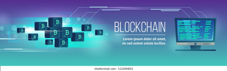 Vector blockchain concept in blue neon colors. Horizontal poster, banner with monitor with code, bitcoins mining, cryptocurrency. Illustration of internet banking, commerce in web.