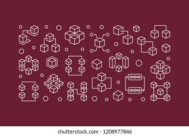 Vector Blockchain concept horizontal illustration or banner in thin line style on red background