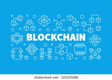 Vector Blockchain concept horizontal illustration or banner in thin line style on blue background
