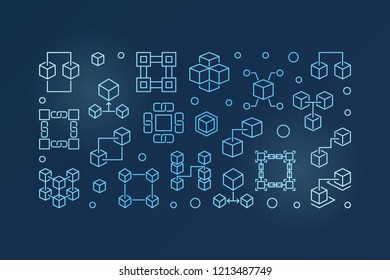 Vector blockchain crypto blue horizontal illustration in thin line style on dark background
