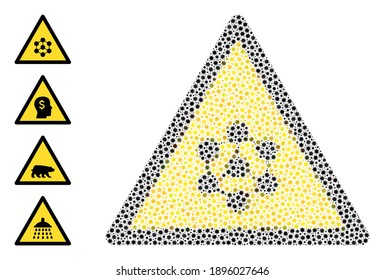 Vector blockchain warning icon covid-2019 collage. Blockchain warning mosaic is constructed of tiny covid viral parts. Collage is created for doctor wallpapers.