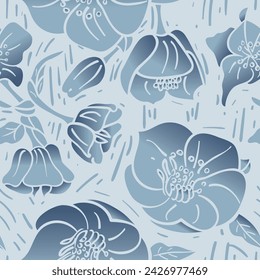 Vector blockprint parecido a las flores Helloborus con diferentes tonos de azul en un fondo de patrón sin costuras azul claro. Perfecto para fondos de pantalla, tela, proyectos.