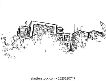 Vector blocks with balconies, roofs and windows behind the trees