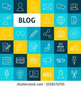 Vector Blog Line Icons. Thin Outline Social Network Symbols over Colorful Squares.