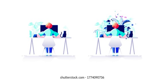 Vector blogger freelancer woman sits at table work with laptop online meeting room conference training call center customer service business at home video interview virtual recruiting social distance