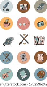 Vector blogger icons with different elements .A set of colorful design templates for icons and emblems-the highlight of the history of social networks. Icons for artists and writers .