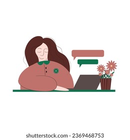 Blogger vectorial, estudiante o trabajador de oficina en una laptop, charlando, estudiando o trabajando en línea, recibiendo un mensaje agradable.