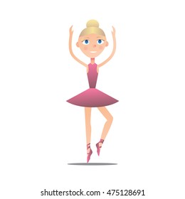 Vector blond ballerina girl in a pink dress. Flat image isolated on white