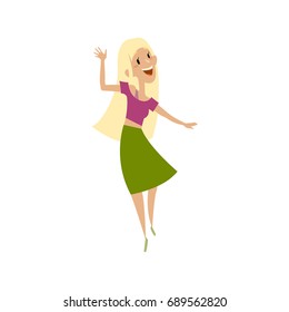 Vector blond girl in green skirt funny dances. Flat cartoon illustration isolated on a white background. Female long-haired blond teenager in casual clothing having fun dancing and smiling cheerfully.