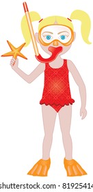 Vector Of Blond Girl In Swimsuit With Snorkle And Starfish.