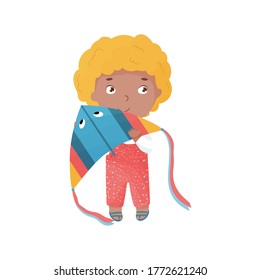 Vektor blond hing glücklichen Jungen mit Drachen. Sommeraktivitäten mit Kindern. Lebhafte farbige Illustration. 