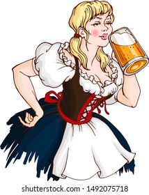 Vector blond pretty girl drinking beer . Traditional german clothes. October fest design