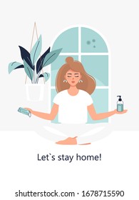 Vector blond woman sits in lotus position at home with face mask and sanitizer gel in her hands by the window and text Let`s stay home