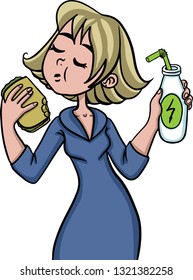 Vector blonde in blue dress eats sandwich
