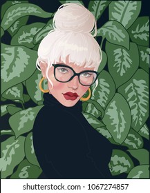 vector blonde girl with bunch on head from hair, wearing glasses, with red lipstick, standing against the background of foliage plants Philodendron 