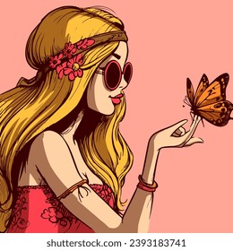 Vector de una mujer hippie rubia con gafas de sol sosteniendo una mariposa monarca en su mano. Ilustración de una muchacha bohemia y un insecto en los dedos de las manos