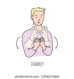 Vector blonde man showing family deaf-mute sign language symbol. Smiling sketch male character and hand communication sign by his hand. Different social communication, basic word