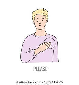 Vector blonde man showing please deaf-mute sign language symbol. Smiling sketch male character and hand communication sign by his hand. Different social communication, basic word