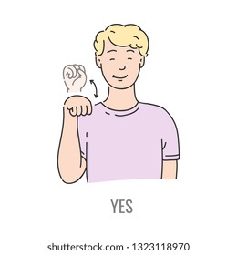 Vector blonde man showing yes deaf-mute sign language symbol. Smiling sketch male character and hand communication sign of agreement by his fist. Different social communication, basic word