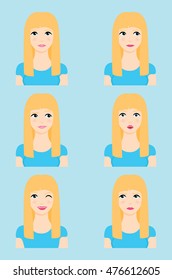 Vector  blonde woman with  different emotions and  facial expressions, flat set, blue background