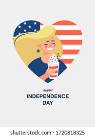 Vector blonde woman with a milkshake in her hand on independence day on the background with the american flag in the shape of a heart