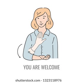 Vector blonde woman showing you are welcome deaf-mute sign language symbol. Smiling sketch female character and hand communication sign. Different social communication, basic word