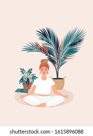 Vector blonde woman who practices yoga in Lotus pose surrounded by pots of tropical plants
