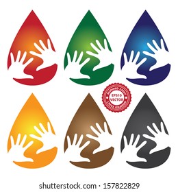 Vector : Blood Donation Concept Present By Colorful Glossy Style Blood Drop Icon With White Hand Inside Isolated On White Background 