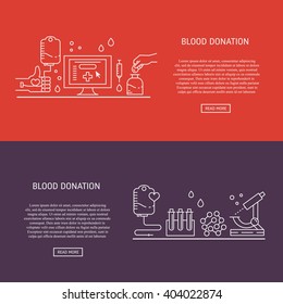 Vector blood donation concept with  registration form, donor arm, blood drops, microscope. Line symbols with place for text . Vector blood donation banners.