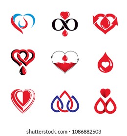 Vector blood donation conceptual illustrations collection. Healthcare and medical treatment concepts for use in pharmaceutical business.