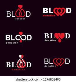 Vector blood donation conceptual illustrations collection. Healthcare and medical treatment concepts for use in pharmaceutical business.