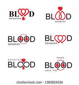 Vector blood donation conceptual illustrations collection. Healthcare and medical treatment concepts for use in pharmaceutical business.
