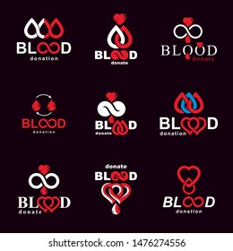 Vector blood donation conceptual illustrations collection. Healthcare and medical treatment concepts for use in pharmaceutical business.
