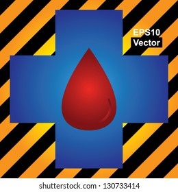 Vector : Blood Donation, Give Blood, Save Life or First Aid Concept Present by Blue Cross With Red Blood Drop Inside in Caution Zone Dark and Yellow Background