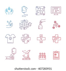 Vector blood donation icons set with donor arm, blood donation bag,blood drops symbols isolated.  Give blood concept in trendy linear style. Vector illustration.