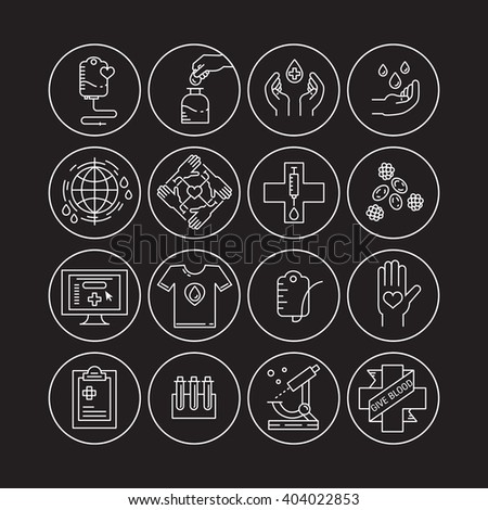 Vector blood donation icons set with donor arm, blood donation bag,blood drops symbols isolated.  Give blood concept in trendy linear style. Vector illustration.