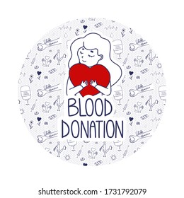 Vector Blood Donation page template for donors website. Doodle concept with pattern background. Girl holds heart as a metaphor of life.