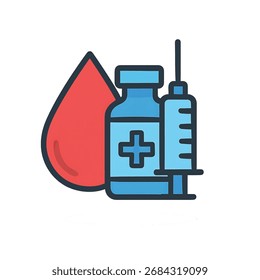 Vector de gotas de sangre con vial y jeringuilla. Símbolo de inyección de sangre. Icono de la transfusión de sangre