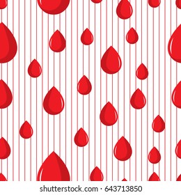Vector blood drops on stripe background, seamless pattern. Red blood tears, rain, World blood donor day June-14