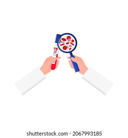 Vector blood positive test for HIV and a magnifying glass. World AIDS Day.