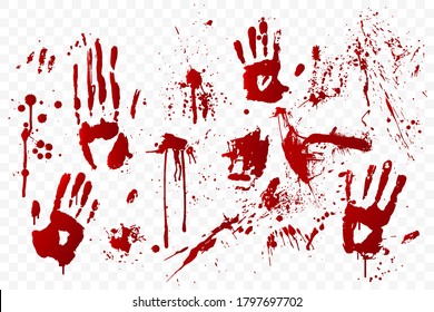 Vector blood stain and bloody handprints isolated on transparent background. Red paint splashes. Crime scene. Vampire bite. Halloween decoration element. Horror backdrop. Vector illustration.