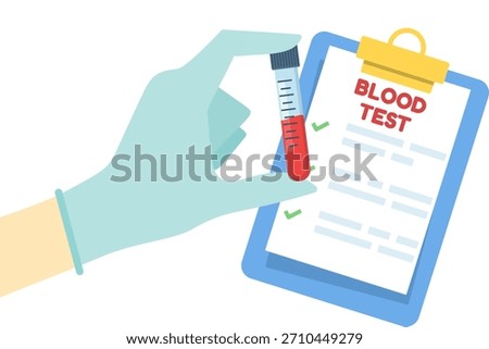Vector of blood test and analysis, medical research with blood sample in test tube, laboratory examination, clinical study, diagnostics, and healthcare science illustration.
