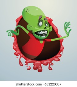 Vector bloody red frame with cartoon image of a funny green zombie with big head in a red t-shirt walking to the right and smiling on a light gray background. Apocalypse, dead, halloween.
