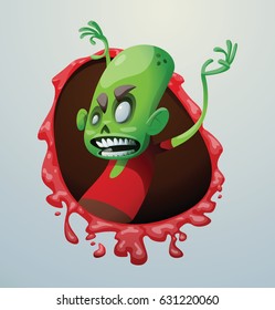 Vector bloody red frame with cartoon image of a funny green zombie with big head in a red t-shirt frightening someone on the left on a light gray background. Apocalypse, dead, halloween.