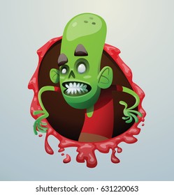 Vector bloody red frame with cartoon image of a funny green zombie with big head in a red t-shirt standing on a light gray background. Apocalypse, dead, halloween. Vector illustration.